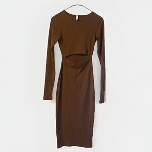 TYCHE Brown Bodycon Cutout Waist Long Sleeve Rib Dress Size xs Thick SKIMS style